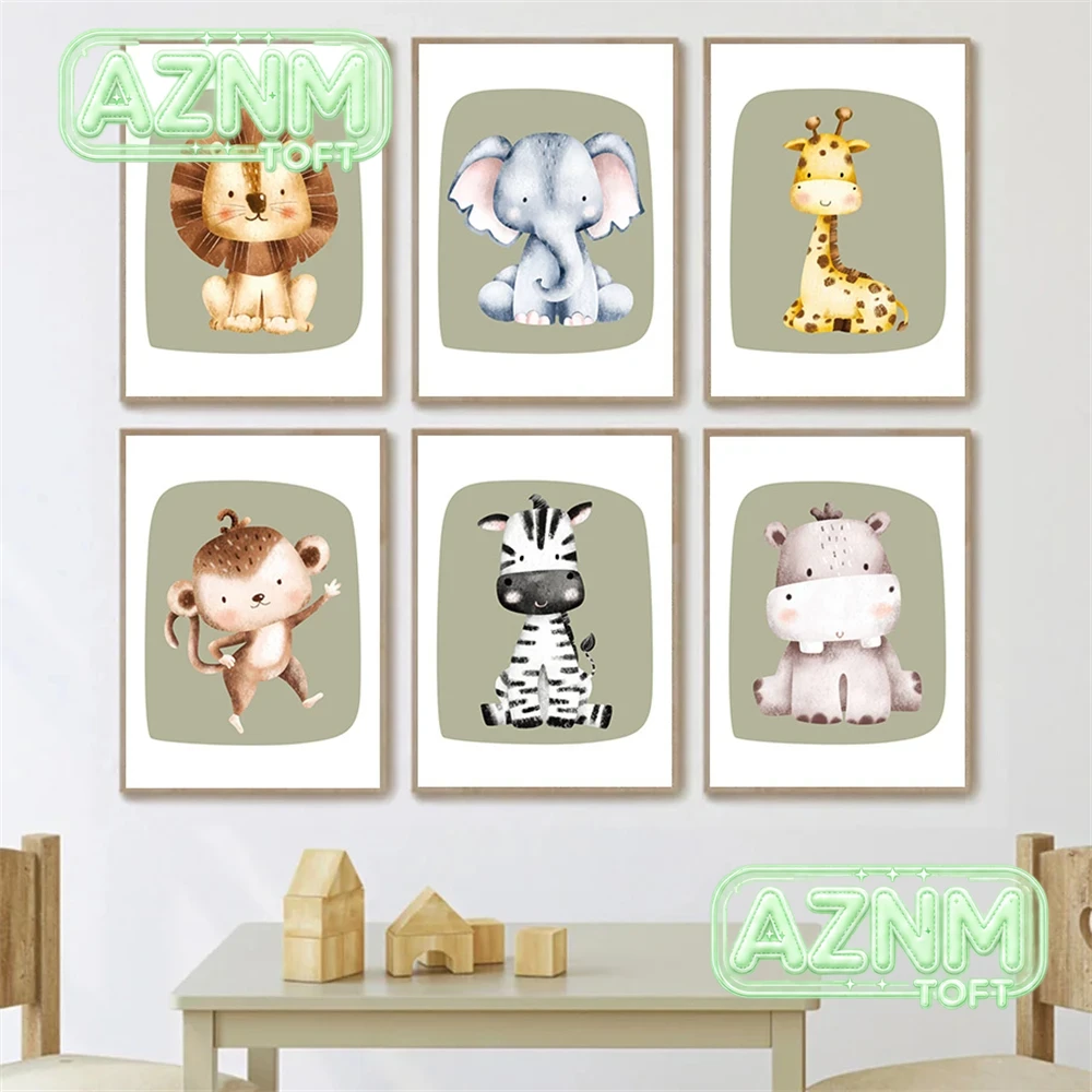 Baby Nursery Green - Cute Monkey Zebra Giraffe Lion Canvas
