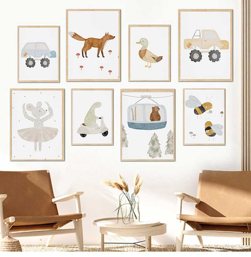 Baby Nursery Prints - Cartoon Goose Bees Bear Duck Dinosaur