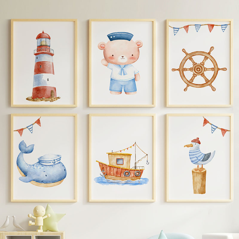 Baby Nursery Prints - Bear Whale Sailboat Lighthouse Nautical Nursery