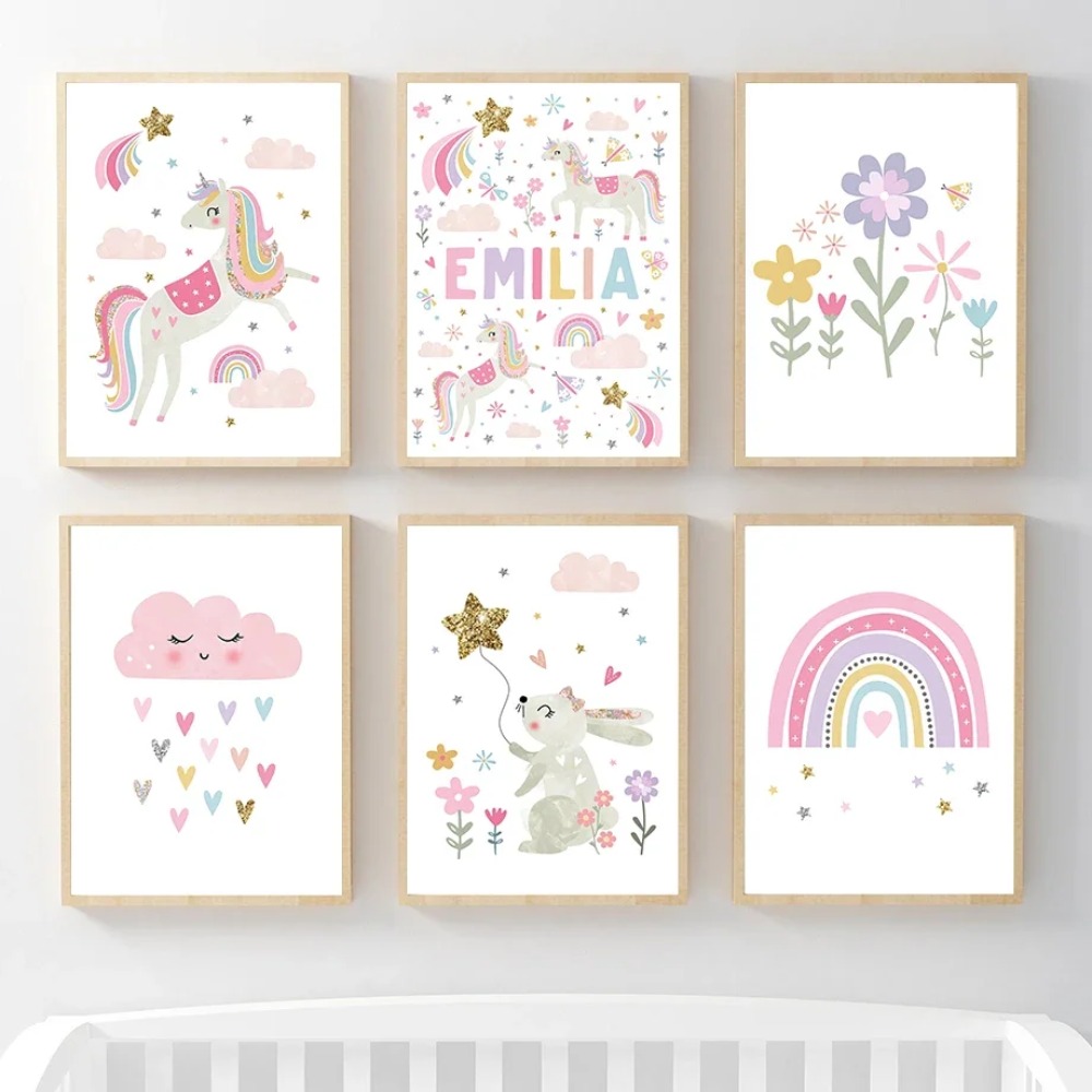 Baby Nursery Prints - Pink Unicorn Rabbit Rainbow Cloud Flower