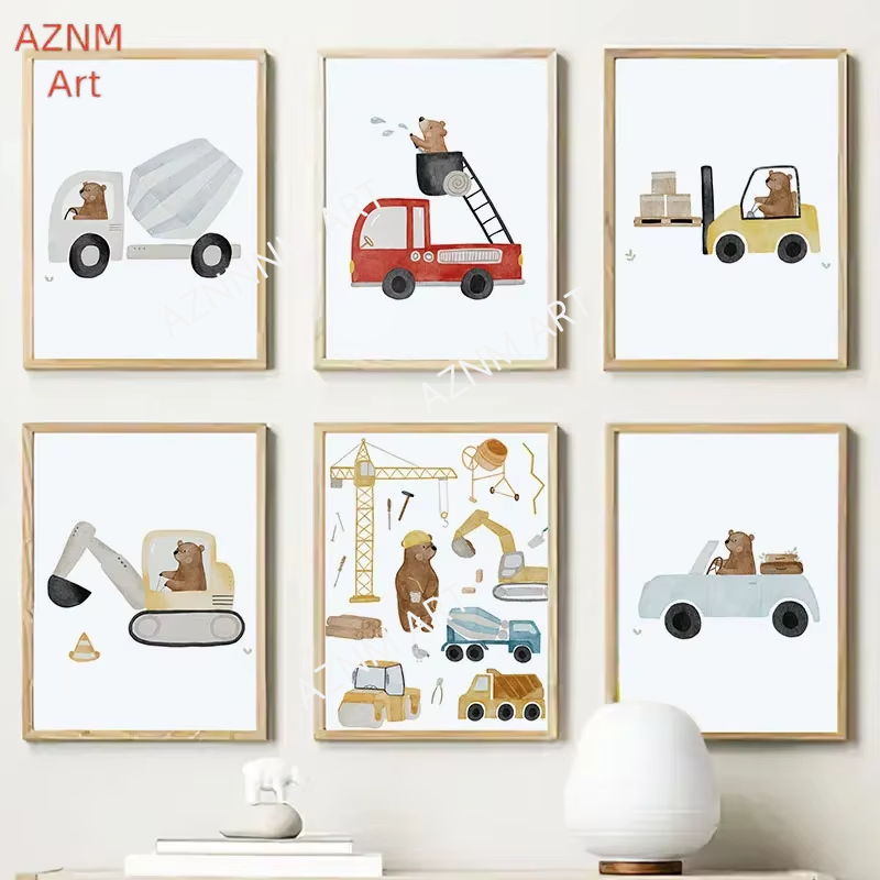Baby Nursery Prints - Cute Boho Bear Crane Excavator Tractor
