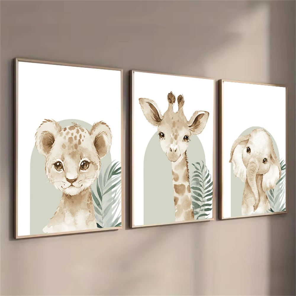 Baby Nursery Green - Cute Animal Canvas Print Lion Elephant