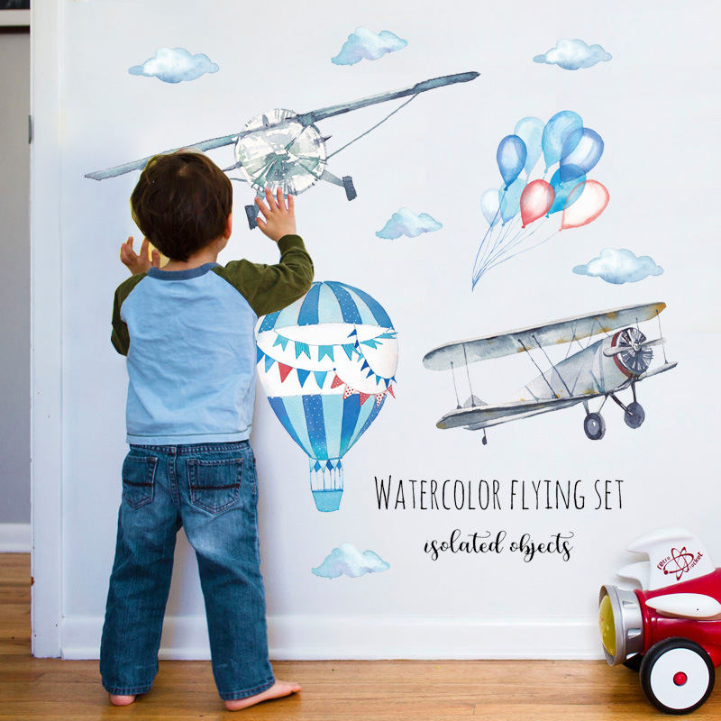 Watercolor Airplane Hot Air Ba - Baby Nursery Mural Wallpaper review and price
