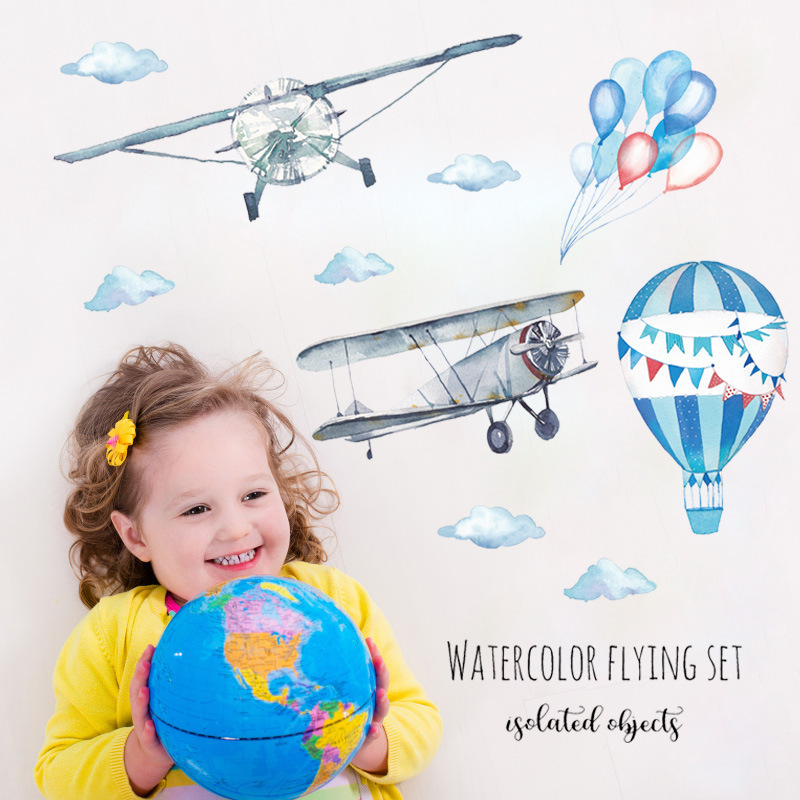 Watercolor Airplane Hot Air Ba - Baby Nursery Mural Wallpaper review and price