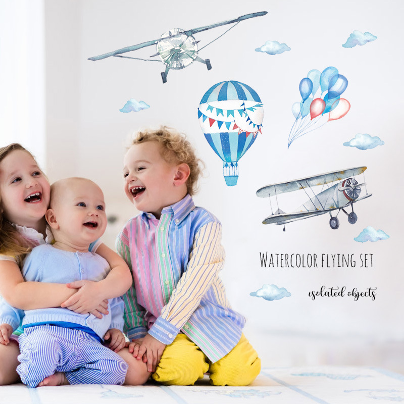 Watercolor Airplane Hot Air Ba - Baby Nursery Mural Wallpaper review and price